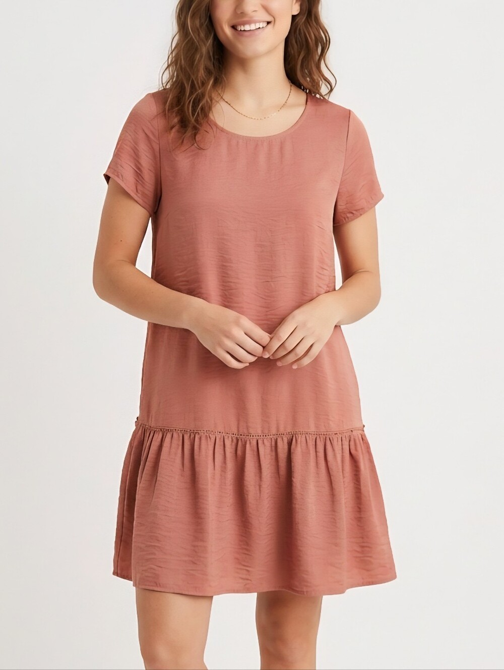 Sz M Aerie Satin Short Sleeve Rust Drop-Waist Dress